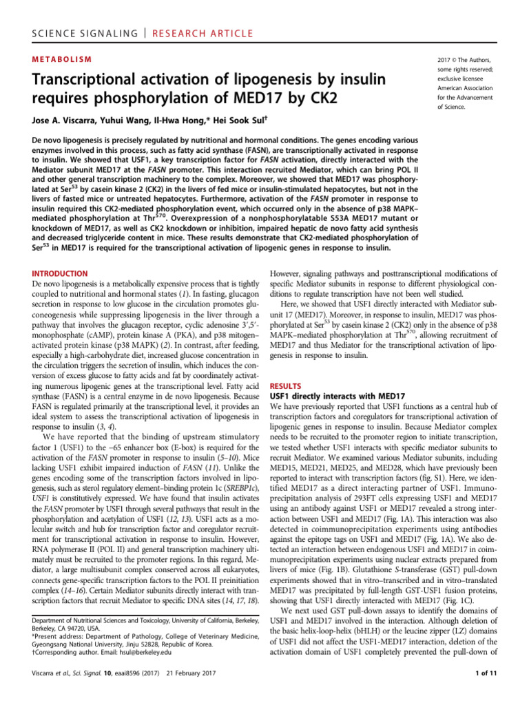 Transcriptional Activation of Lipogenesis by Insulin Requires ...