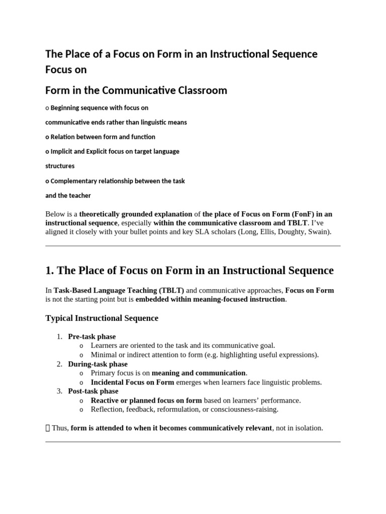 The Place of A Focus On Form in An Instructional Sequence Focus On ...