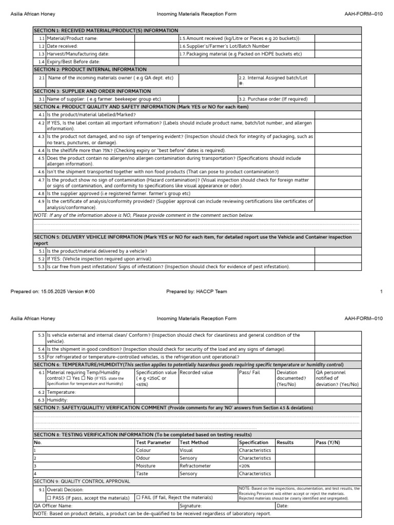 AAH-FORM-010 Incoming Materials Reception Form | PDF