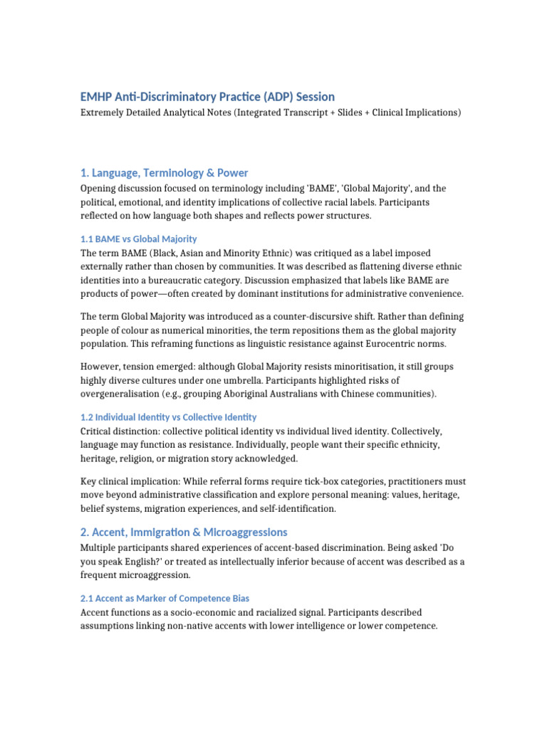 EMHP ADP Session Extremely Detailed Notes v2 | PDF | Intersectionality ...