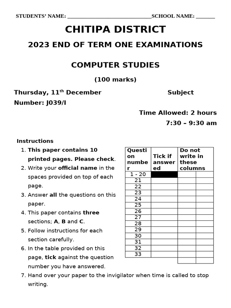 2023 Term 1 Form 2 Computer Studies - 053259 | PDF | Personal Computers ...