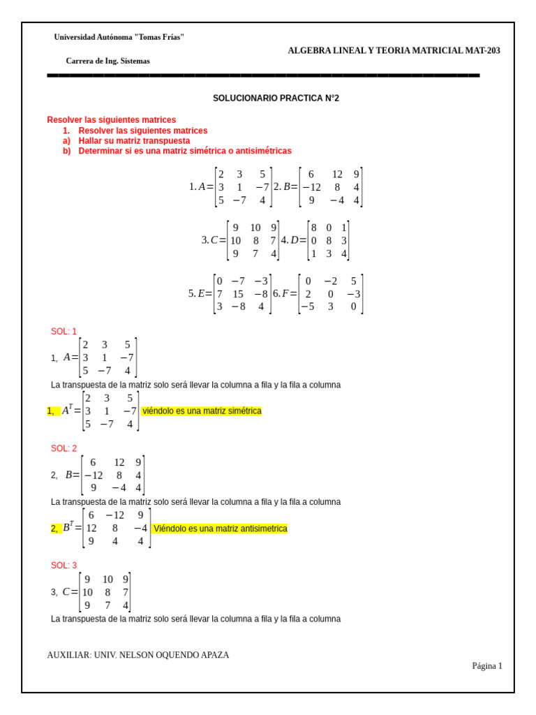 Solucionario Practica 2 Algebra Lineal Mat 203 | PDF | Matriz ...