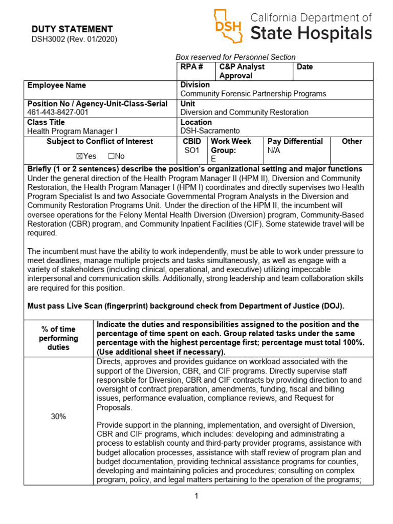 Duty Statement - HPM I - SSM I | PDF | Budget | Regulatory Compliance
