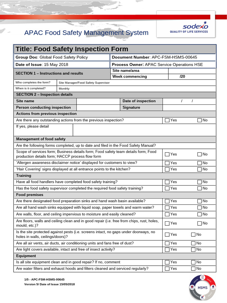 APC-FSM-HSMS-00645 Food Safety Inspection Form - 01 | PDF ...