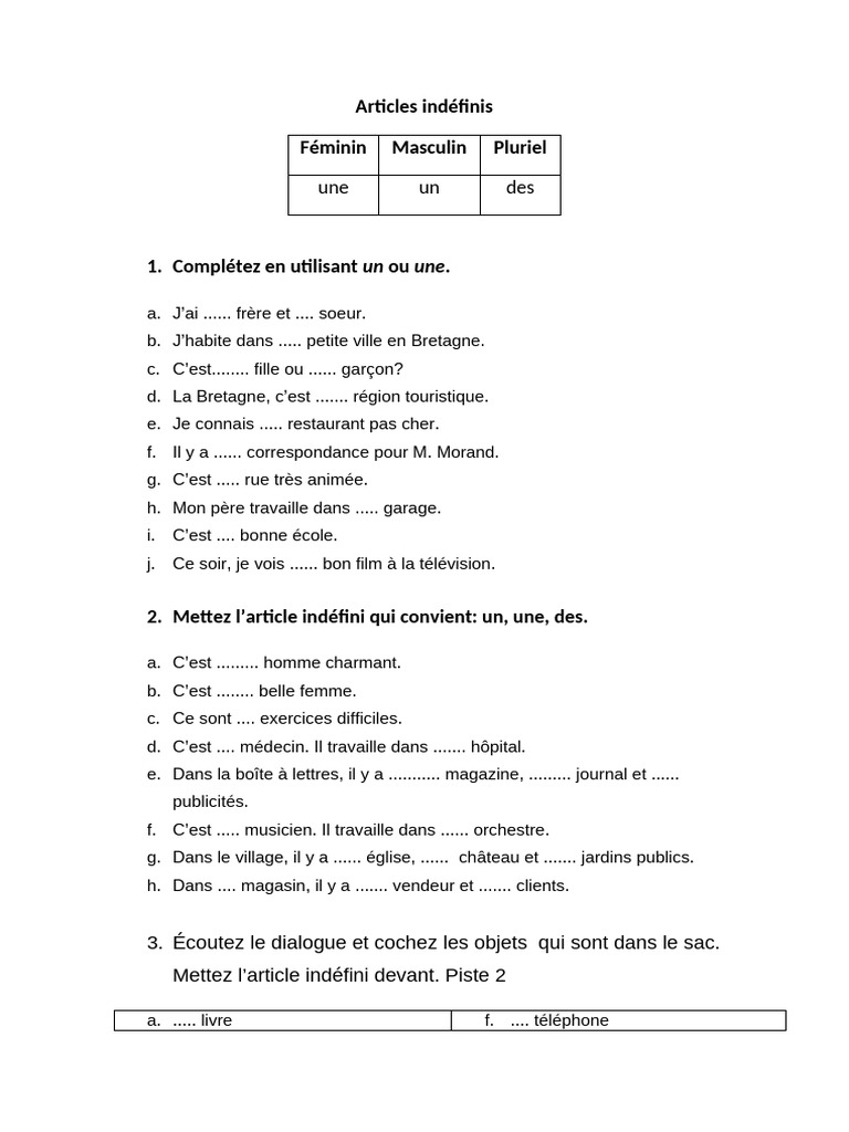 d1 l1 Les Articles Indéfinis | PDF