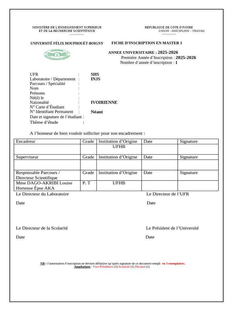 Fiche D'inscription Master 1. 2025-2026 | PDF | Diplôme académique
