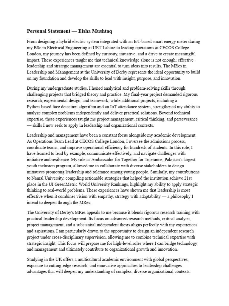Personal Statement | PDF | Leadership | Strategic Management