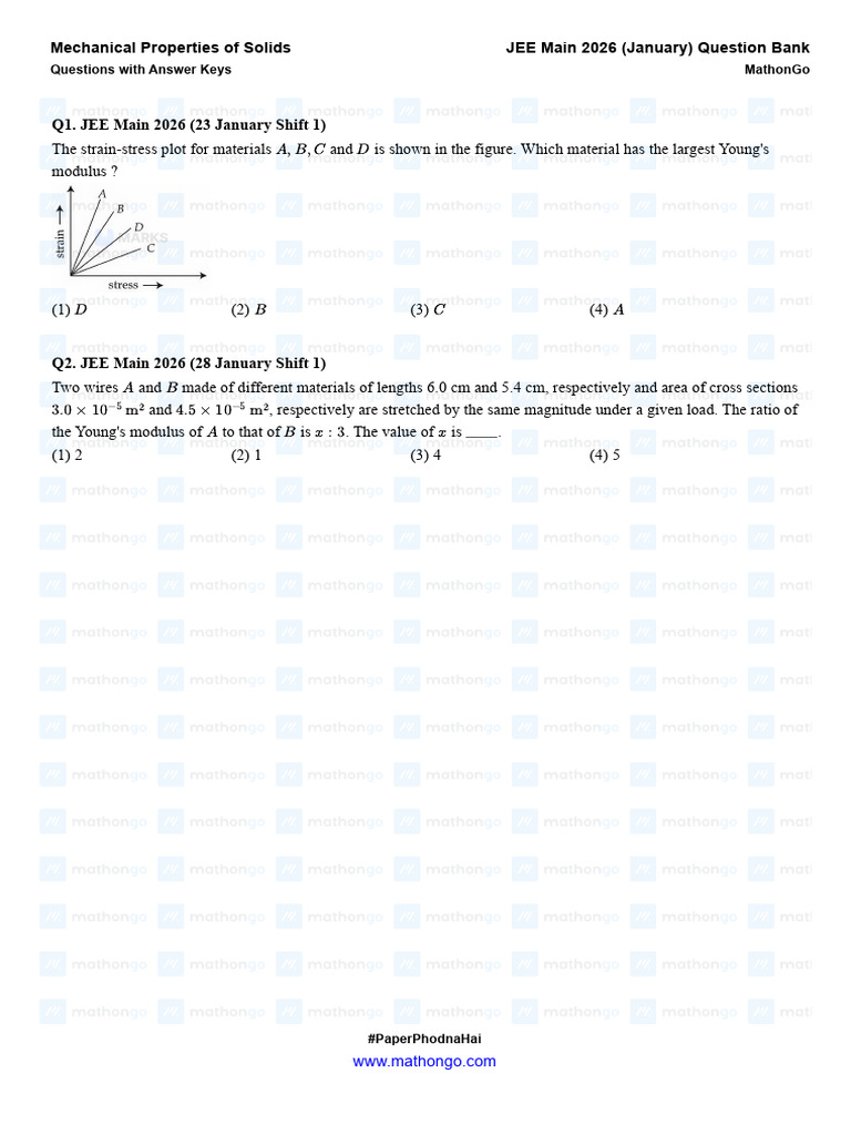 Mechanical Properties of Solids - JEE Main 2026 (Jan) - MathonGo | PDF ...