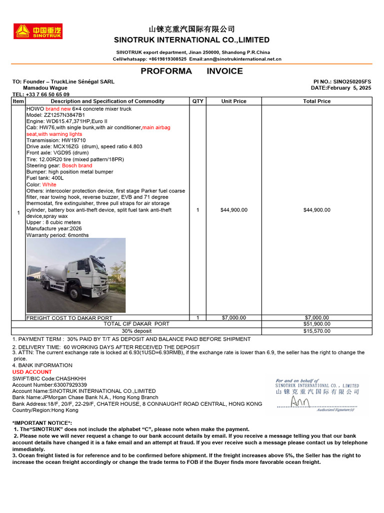 1 - 0205 HOWO Brand New 6x4 Concrete Mixer Truck INVOICE | PDF | Truck ...