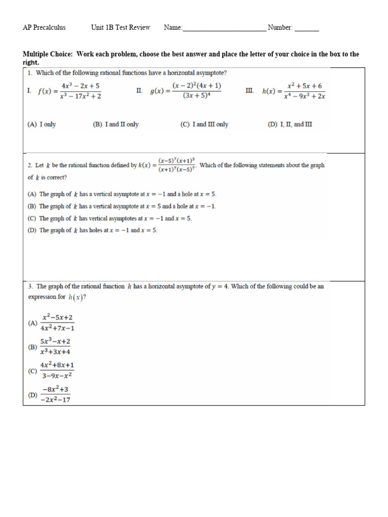 Unit 1B Test Review Day 2 Multiple Choice | PDF