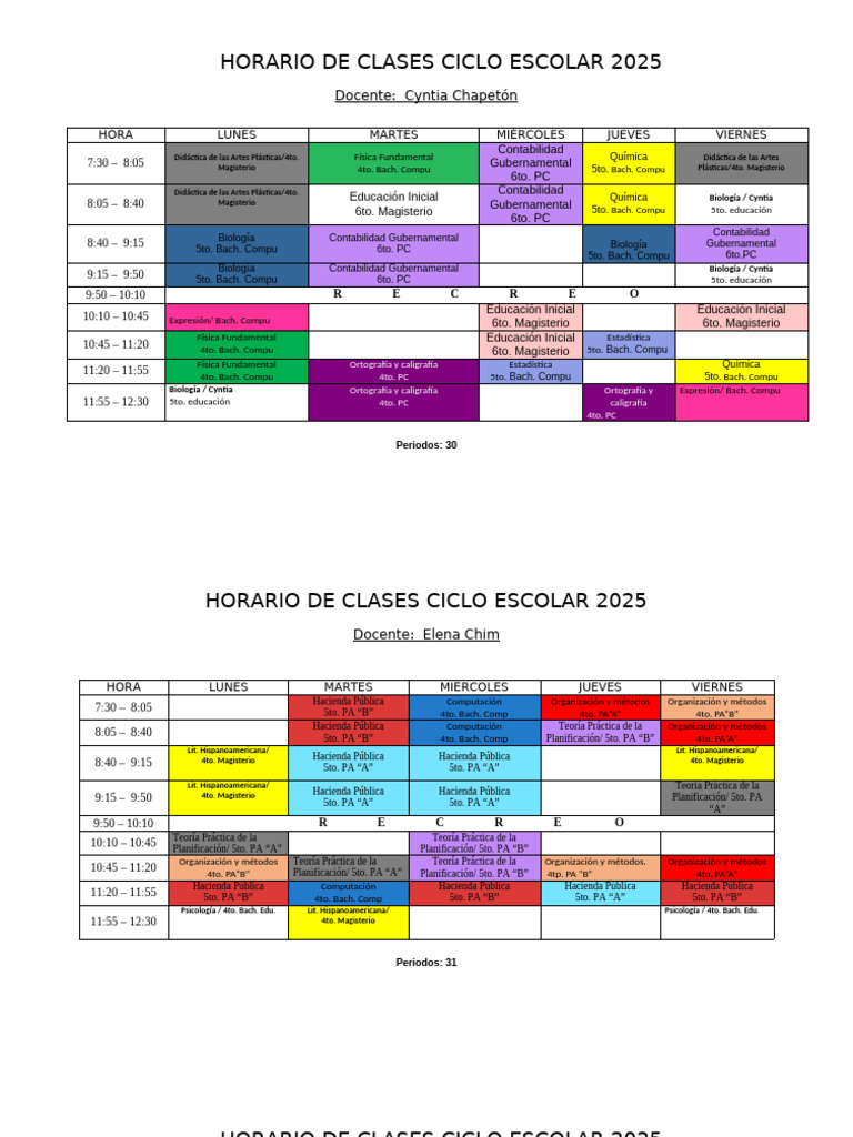 HORARIO DE CLASES CICLO ESCOLAR Personal 2025 INED | PDF