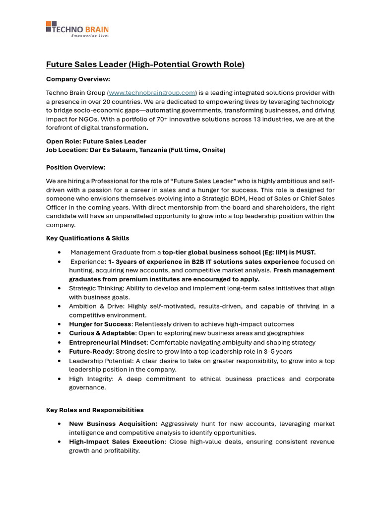 Future Sales Leader JD - V2 | PDF | Leadership | Sales