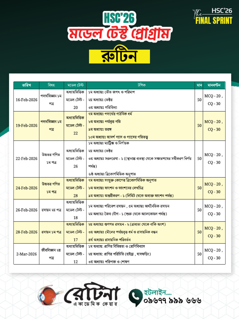 HSC'26 Final Model Test Program 2.0 Routine Update | PDF