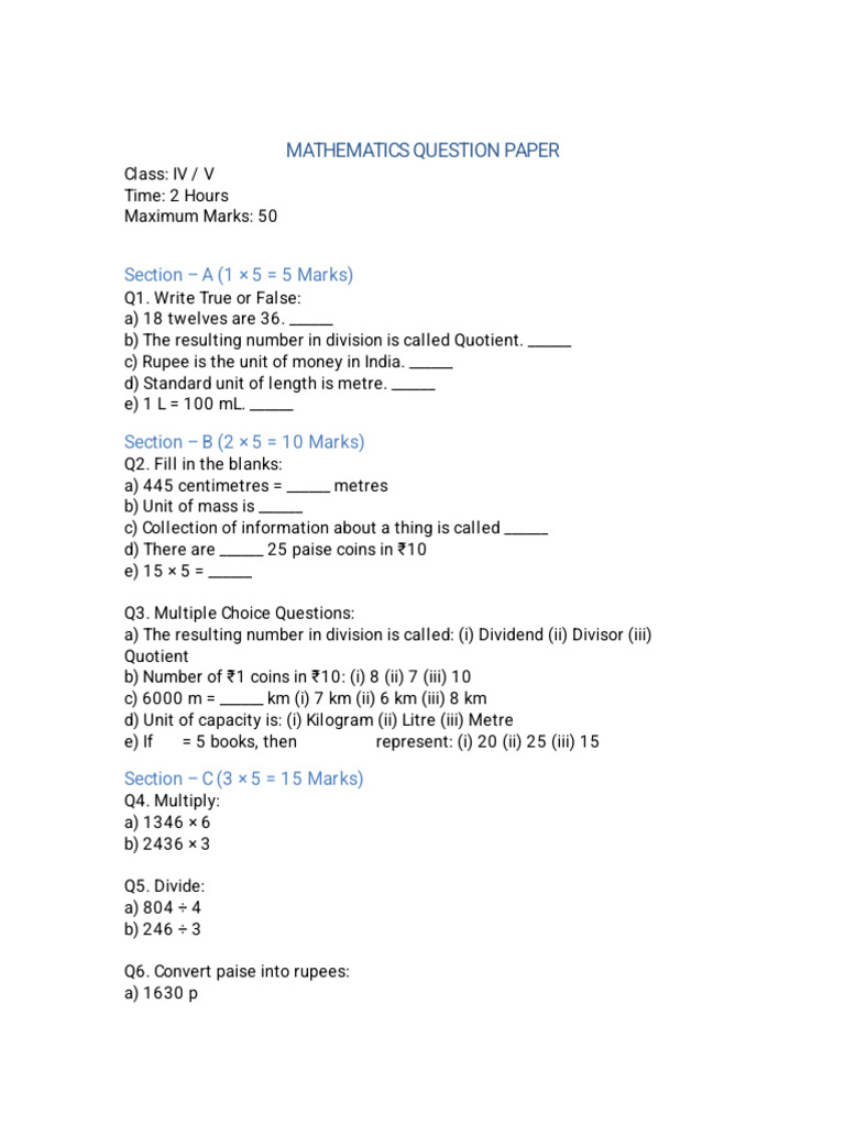 Mathematics Question Paper | PDF