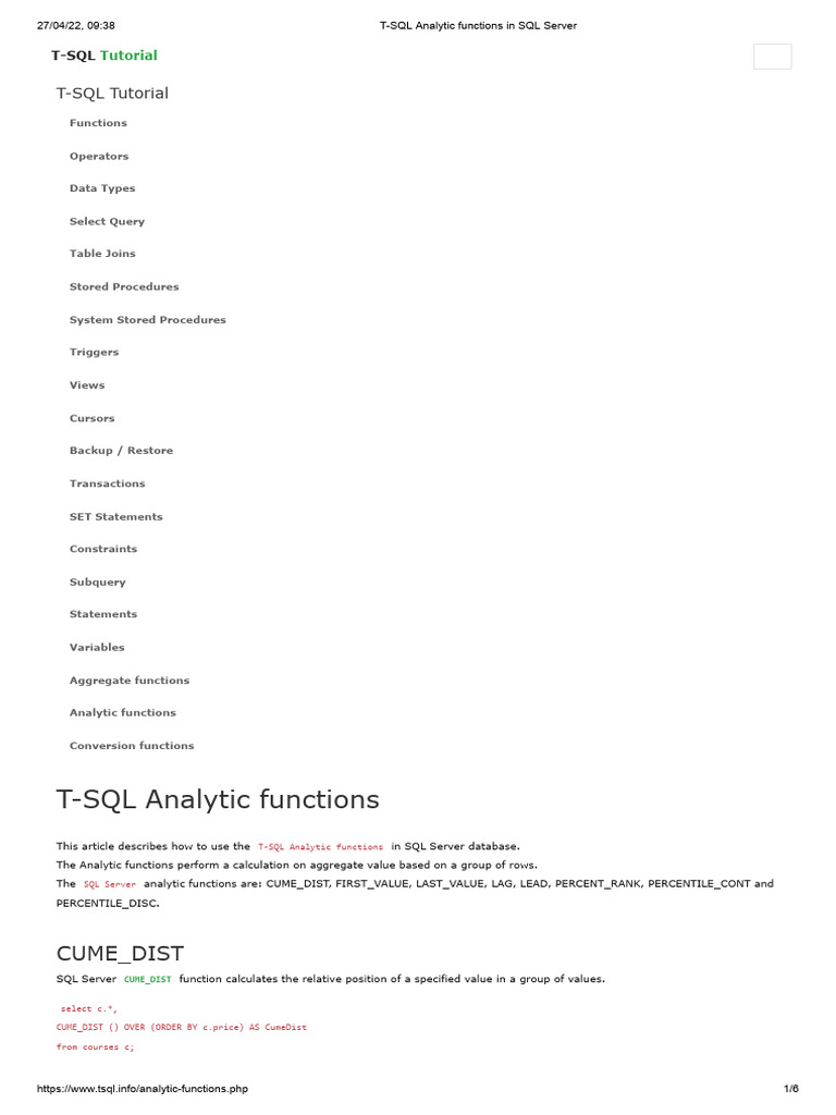 T-SQL Analytic Functions in SQL Server | PDF | Sql | Information ...