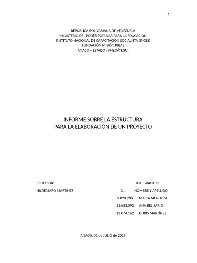 Informe Sobre La Estructura para La Elaboracion de Un Proyecto | PDF ...