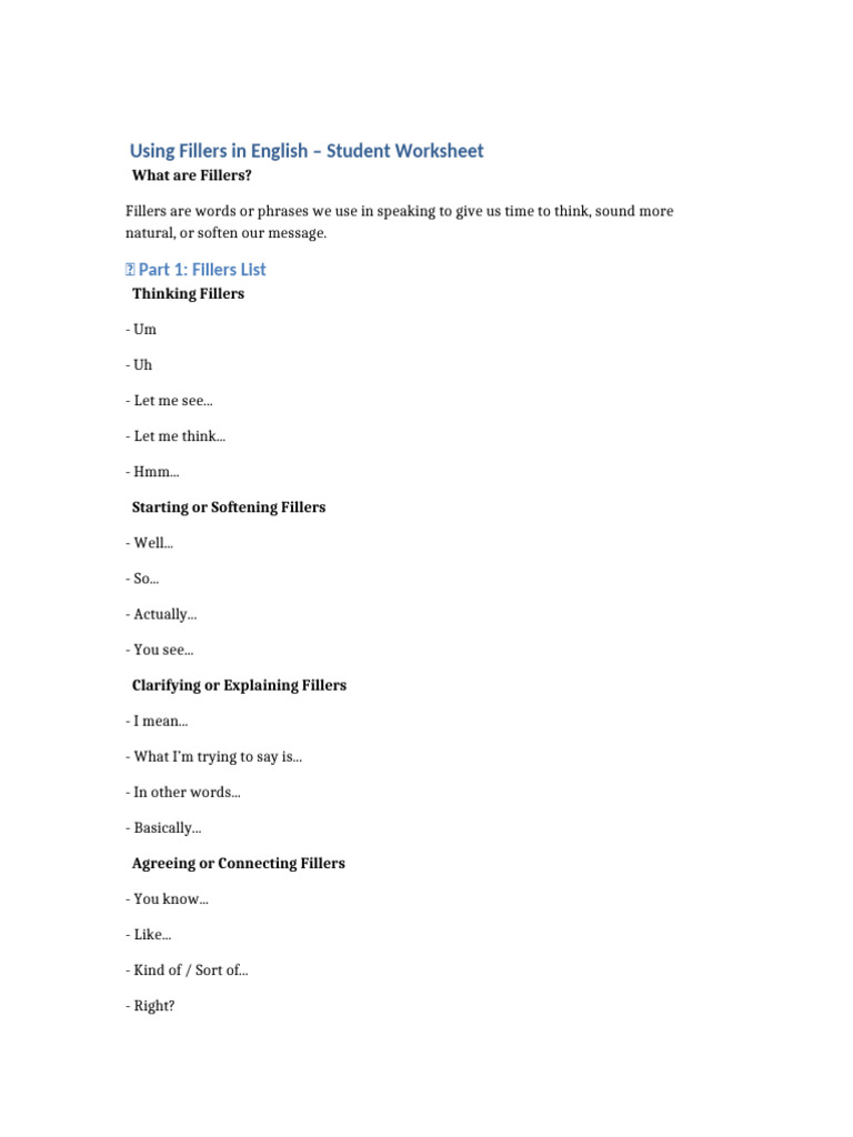 Fillers in English Student Worksheet | PDF