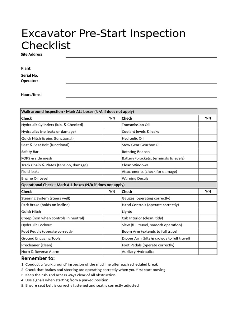 Pre Start Checklist 2 | PDF