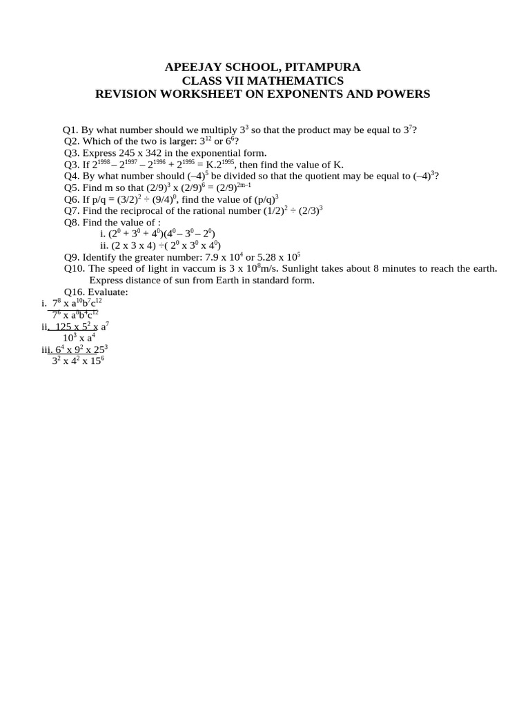 Revision Worksheet On Exponents and Powers Class Vii | PDF