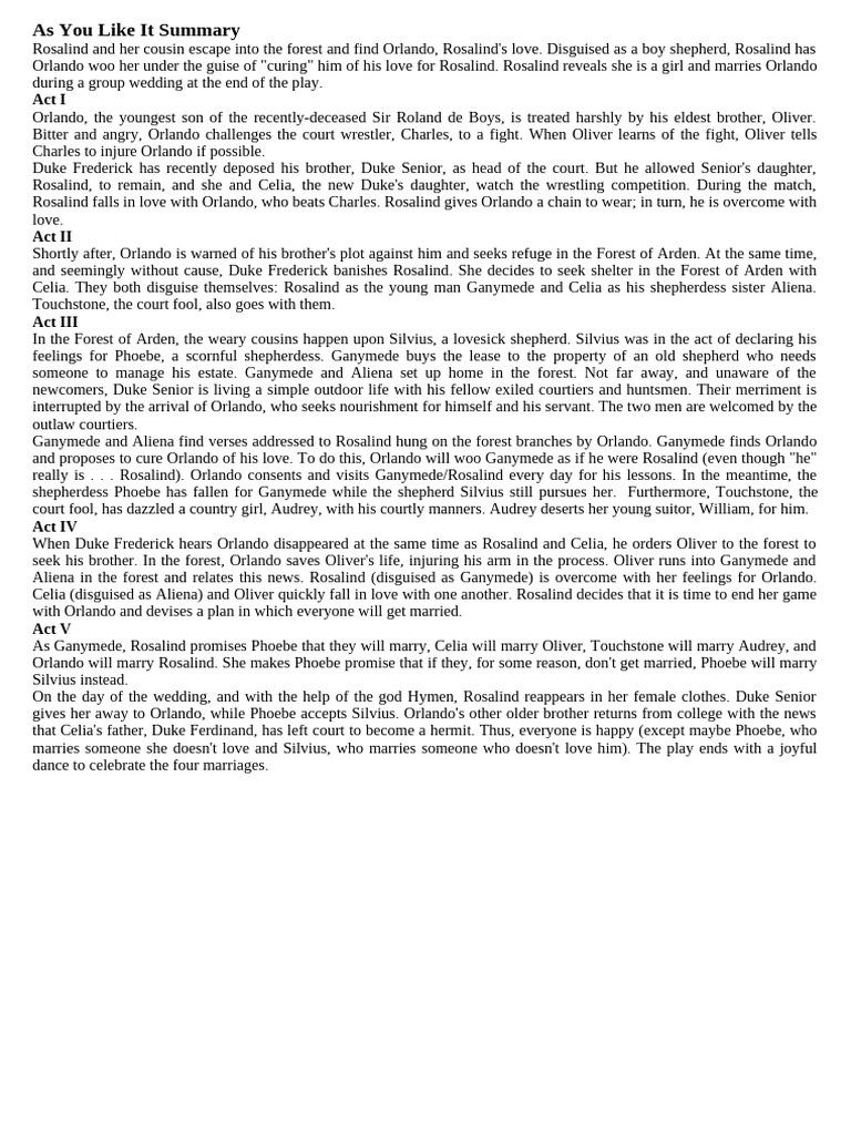 As You Like It Summary | PDF | As You Like It | Shakespearean Comedies