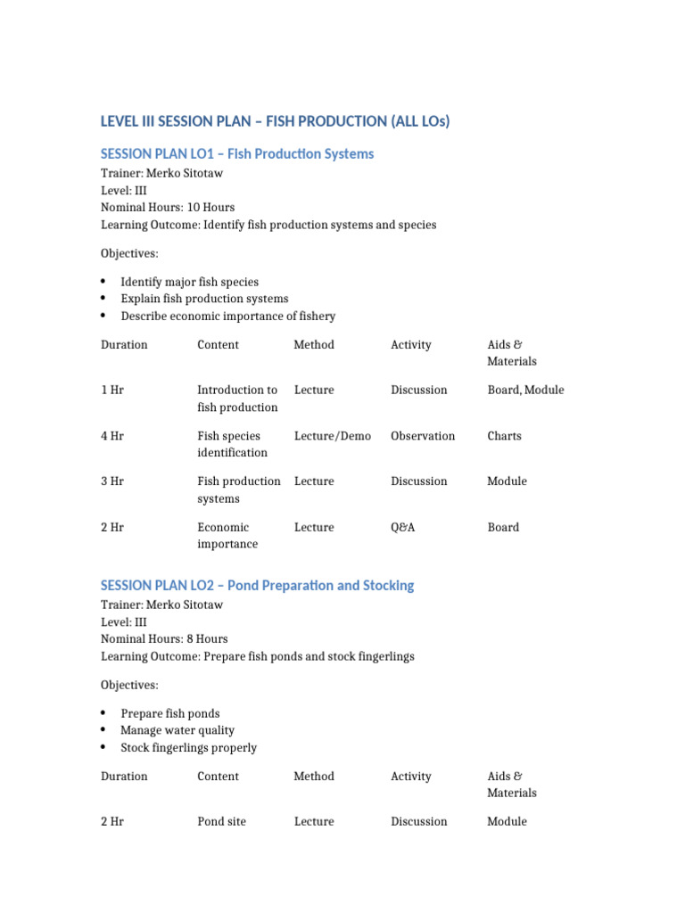 Fish Production Level III All LOs Session Plan | PDF | Fish | Fish And ...