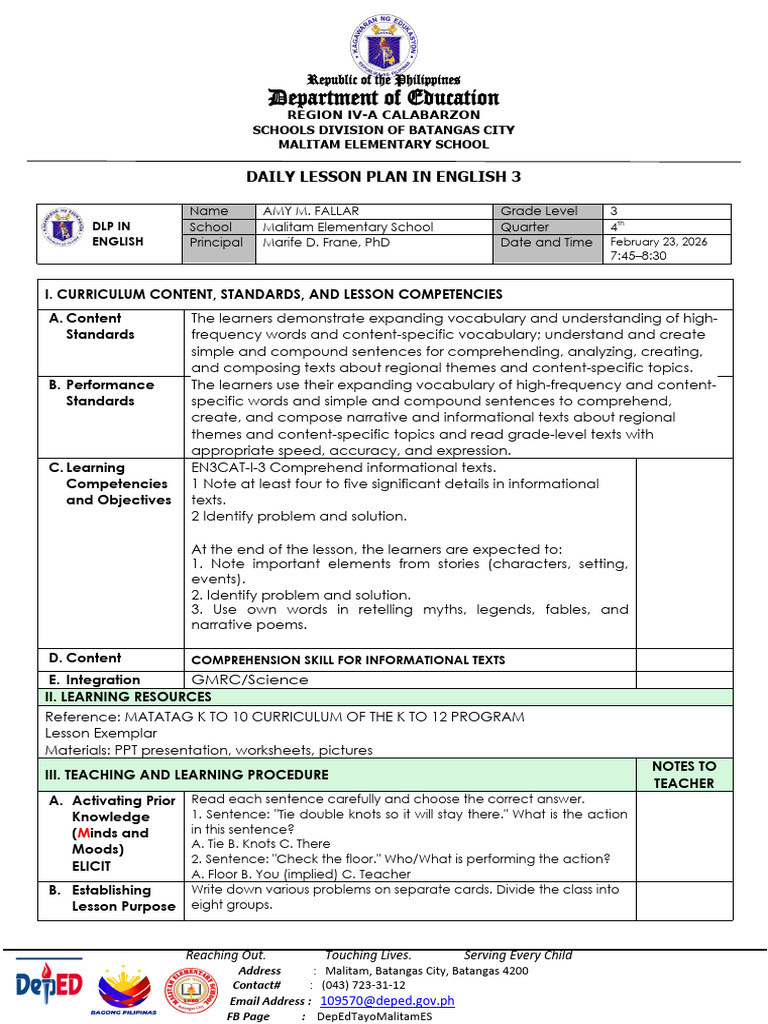 Dlp-English 3 Quarter 4 Week 5 Day 1 | PDF | Reading Comprehension ...