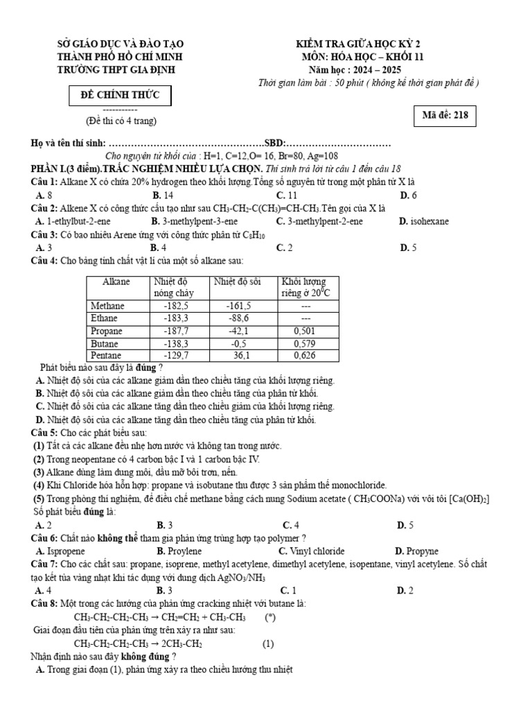 De Thi Giua Ky 2 Hoa Hoc 11 Thpt Gia Định 2024 2025 | PDF