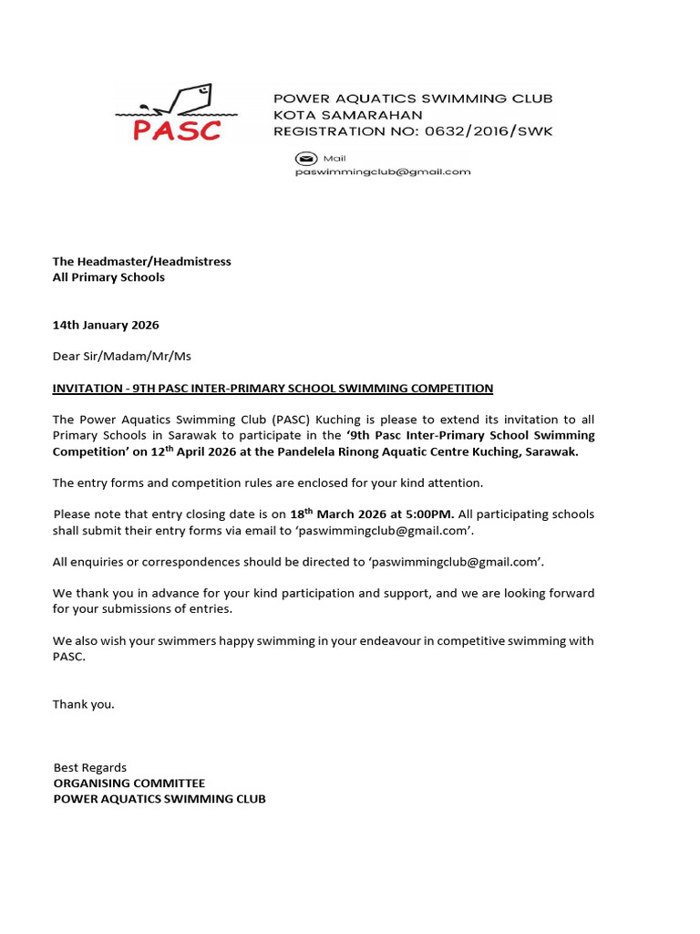 INVITATION - 9th PASC Inter-Primary School Swimming Competition | PDF