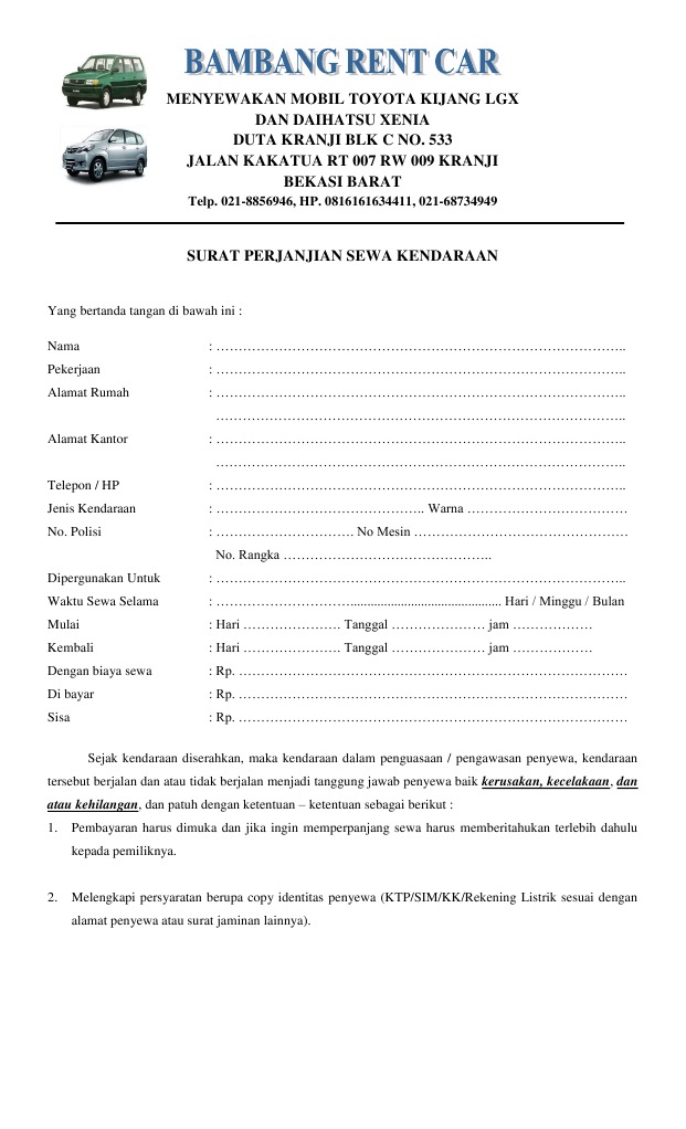Surat Perjanjian Sewa Mobil | PDF