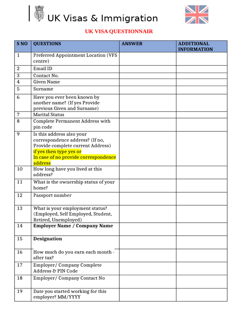 Uk Questionnaire New | PDF | Travel Visa | Human Migration