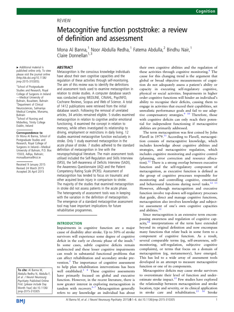 Metacognitive Function Poststroke A Review of Definition and Assessment ...