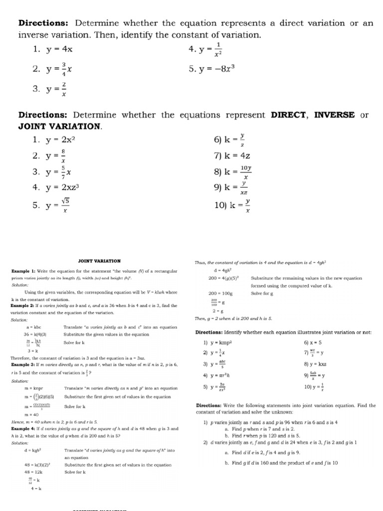 Joint and Combined Variation | PDF