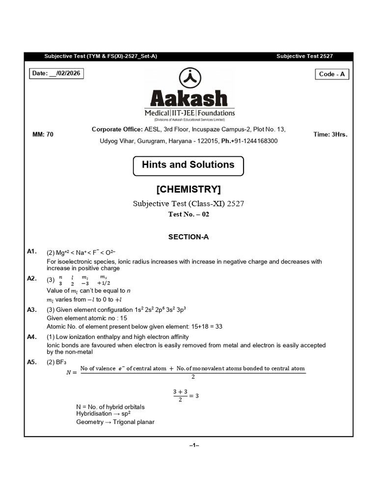 Subjective Chemistry Test-02 (Code-A) TYM+FS (XI) - 2527 Sol | PDF