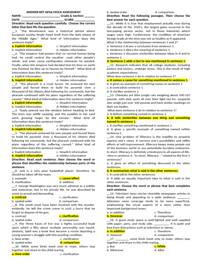 Answer Key Apsa Mock Assessment | PDF