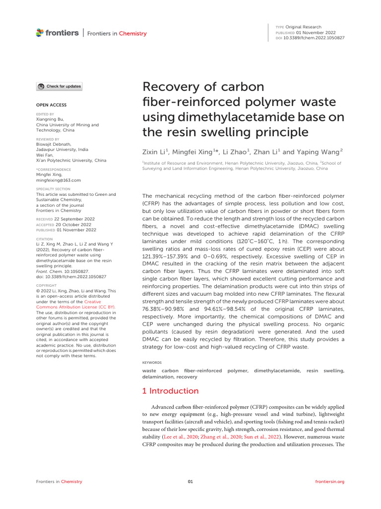 Recovery of Carbon Fiber Reinforced Polymer Waste Using ...