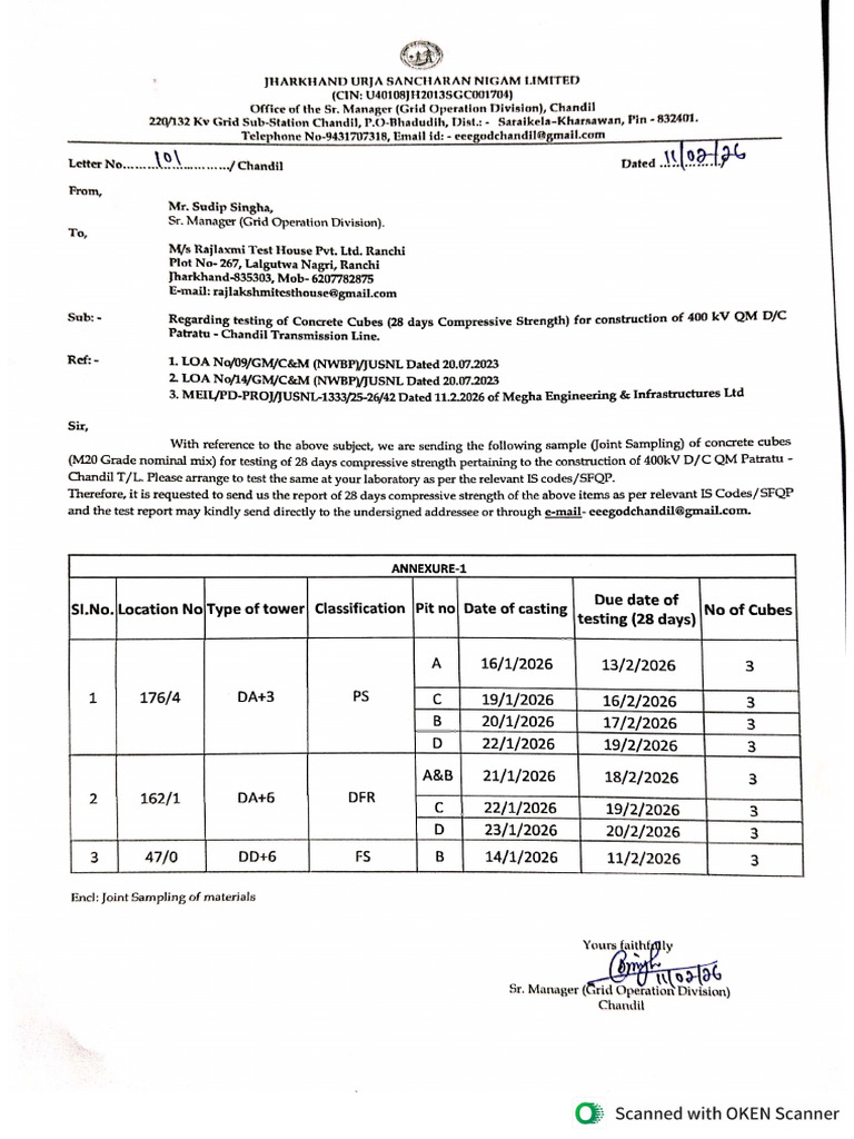Cube Testing Letter - Patratu-Chandil Dt.11.02.2026 | PDF