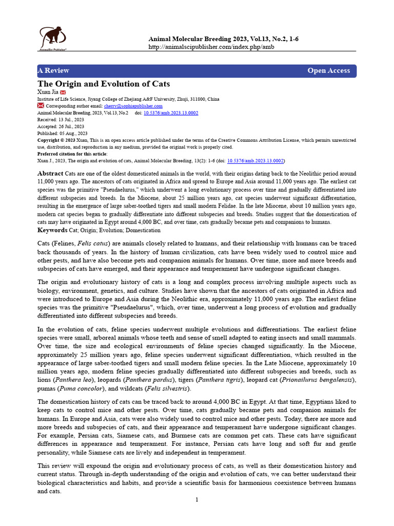The Origin and Evolution of Cats: A Review Open Access | PDF | Felidae ...