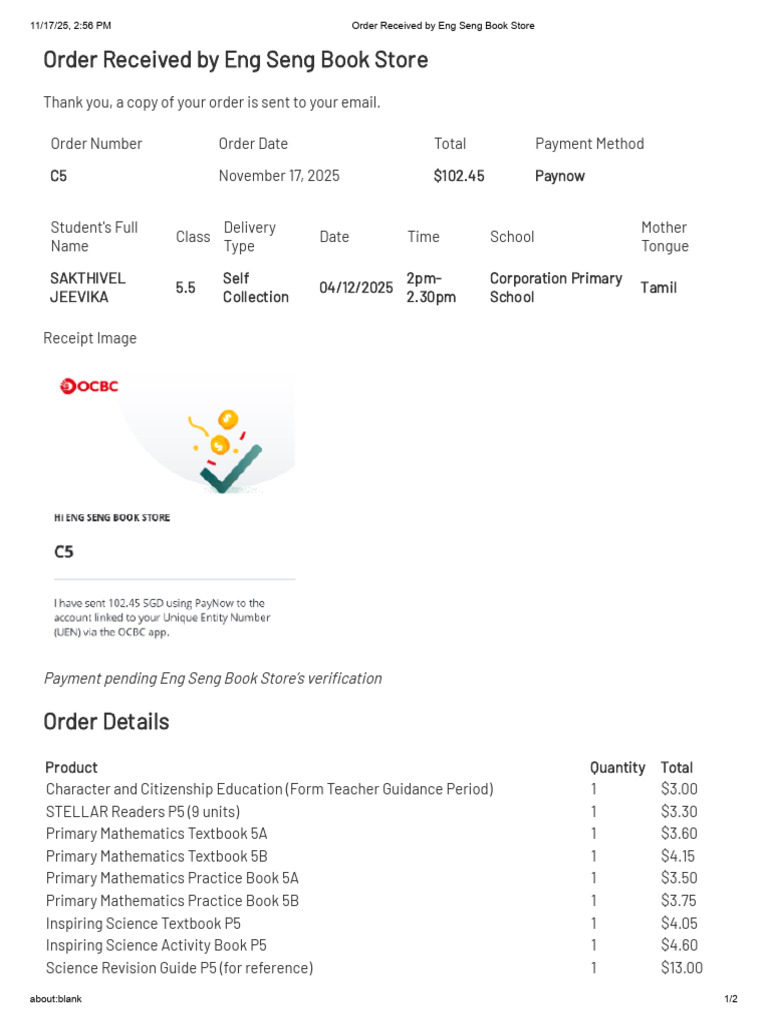 Order Received by Eng Seng Book Store | PDF