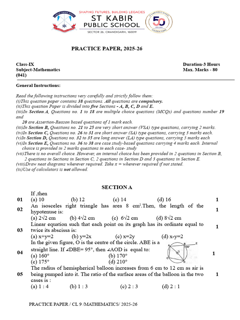 Practice Paper CL 9 Maths 2025-26 | PDF | Area | Angle