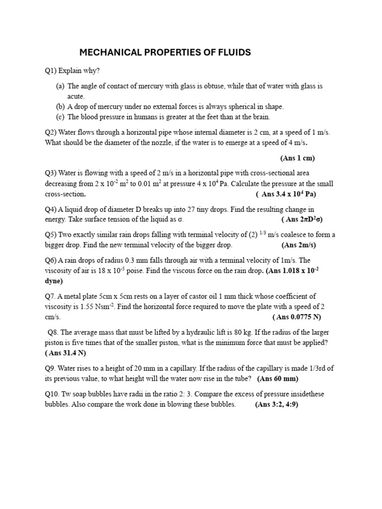 Mechanical Properties of Fluids Worksheet - Numericals | PDF