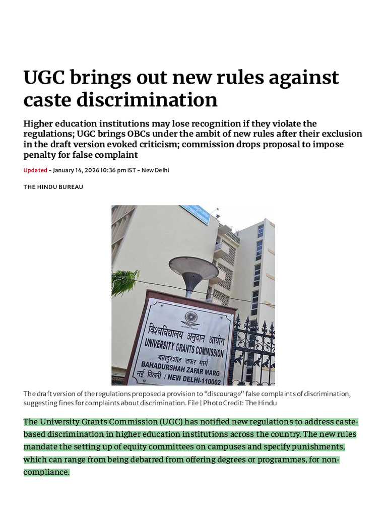 UGC Brings Out New Rules Against Caste Discrimination - The Hindu | PDF ...