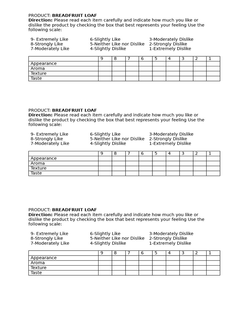 Hedonic Scale Rating Sheet | PDF