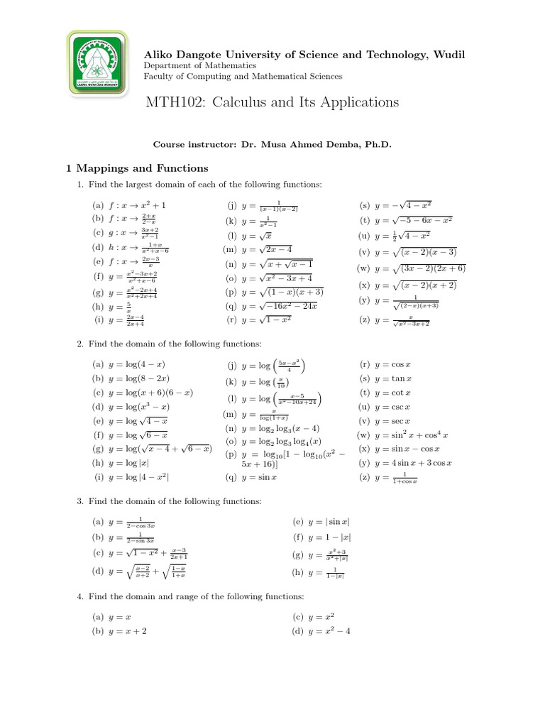MTH 102 Exercises On Calculus and Its Applications | PDF | Area | Sphere