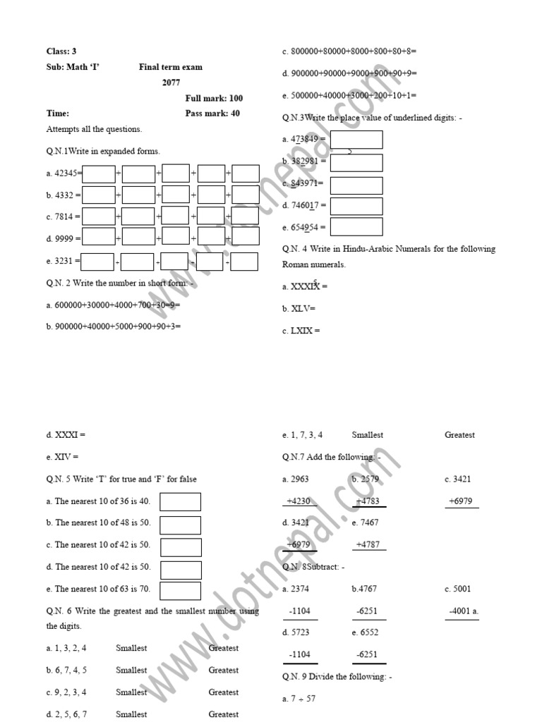Class 3 Math Question 2082 | PDF | Elementary Mathematics | Discrete ...