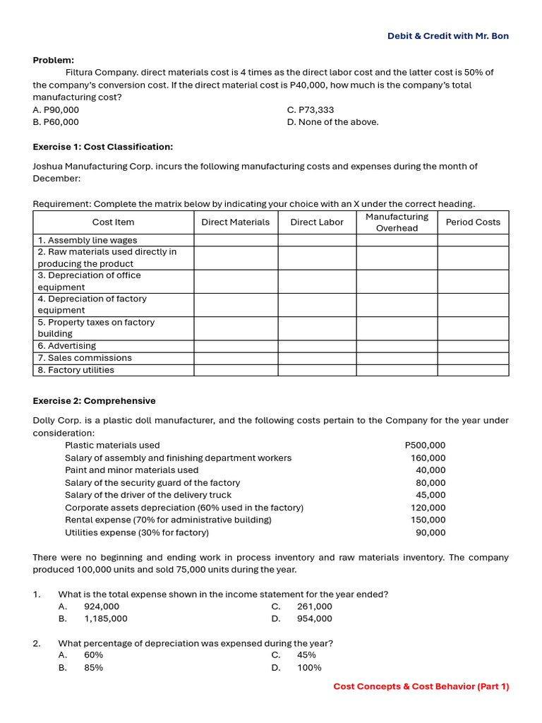 Cost Concepts and Cost Behavior (Part 1 Problems) | PDF | Depreciation ...