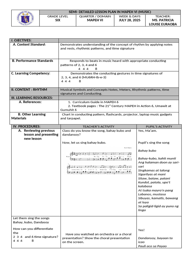 Detailed Lesson Plan in Mapeh Vi Cot | PDF | Rhythm | Conducting