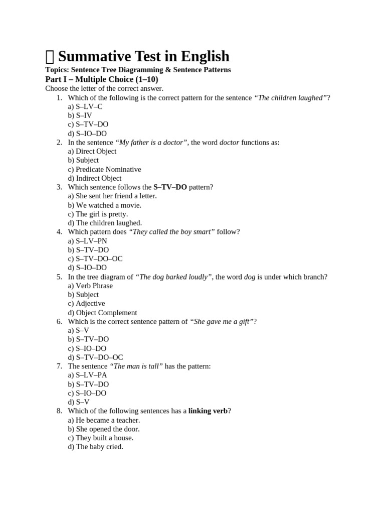 ? Summative Test in English | PDF | Sentence (Linguistics) | Verb