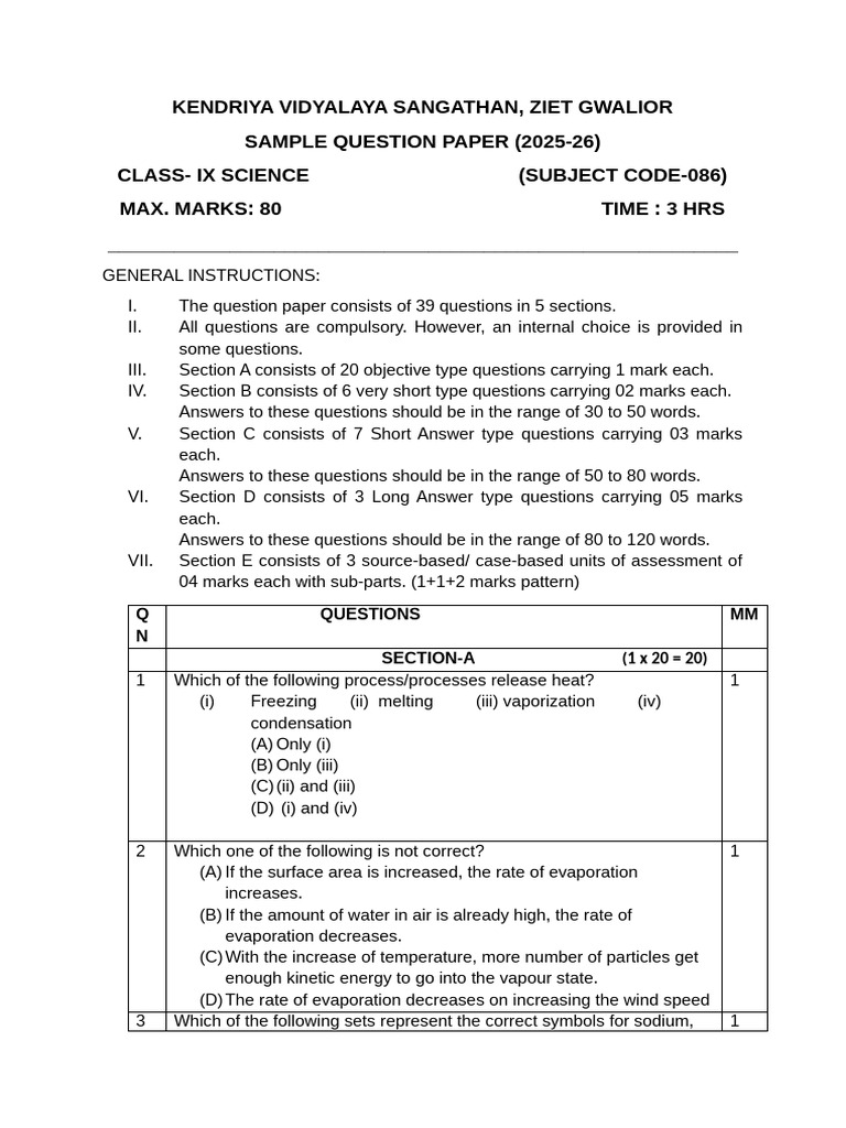 SCIENCE Question Paper Class 9 Group 1 | PDF | Mass | Weight