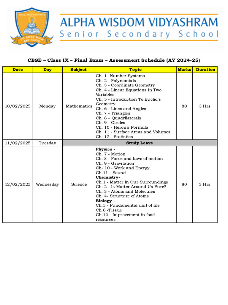 CBSE - Class IX - Final Exam - Assesment Schedule - 2024-25 | PDF ...
