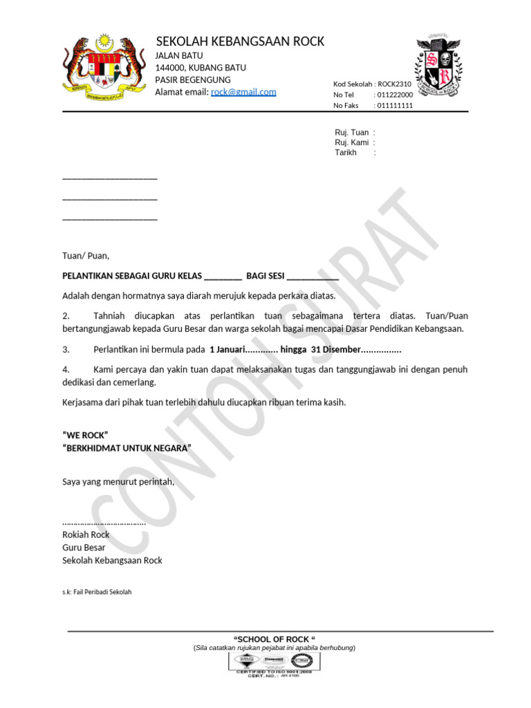Contoh Surat Lantikan Guru Kelas | PDF